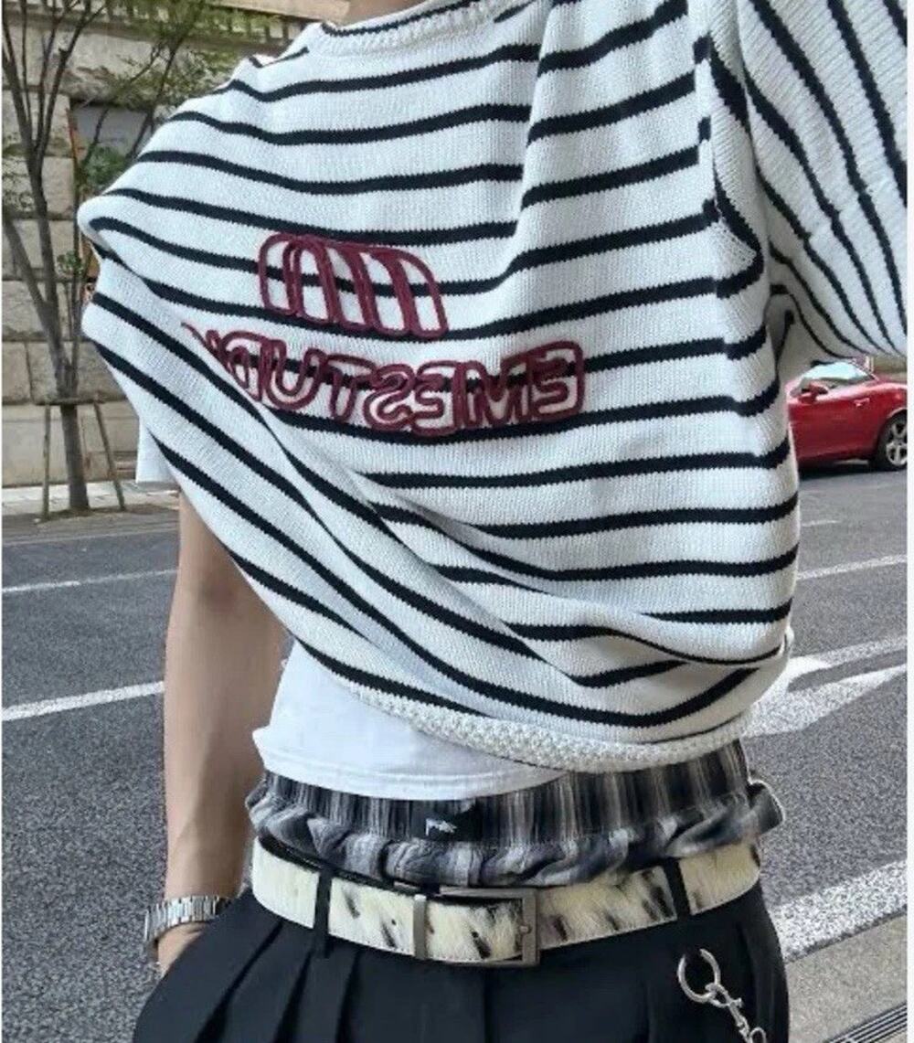 EME STUDIOS Striped Logo Knit Cropped Crewneck Pullover Sweater S White/Black